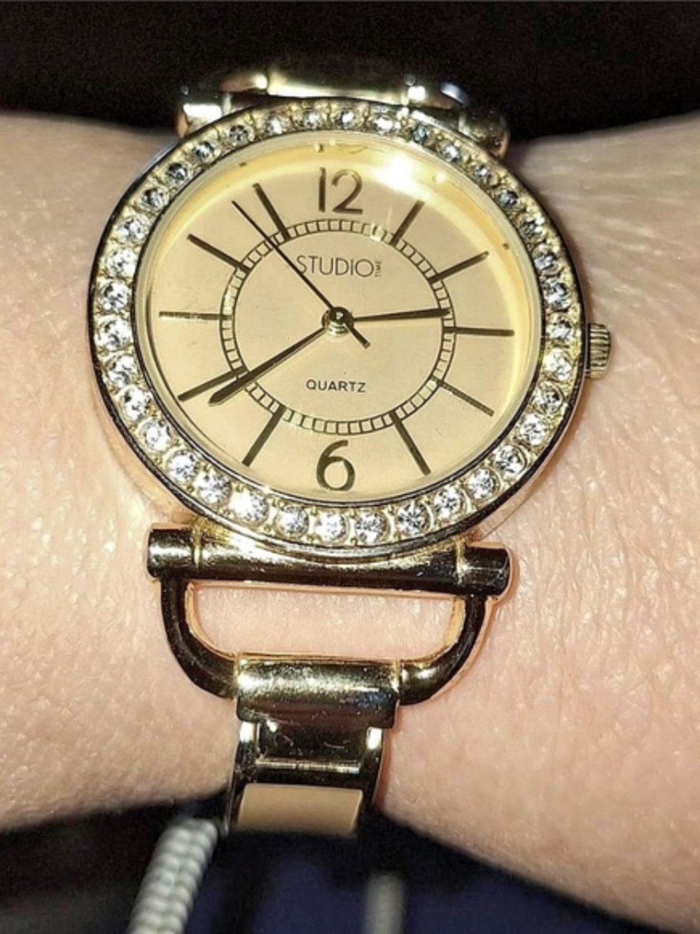 Studio Gold-Tone Crystal Bezel Quartz Watch